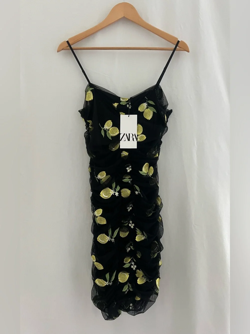 NWT ZARA Black Embroidered Lemon Fruit  Tulle Draped BodyCon Mini Dress Small